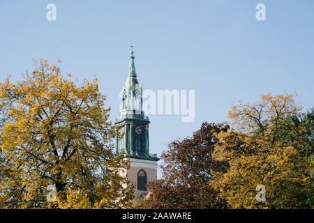 Turm der St. Mary's Kirche unter herbstlichen Baumkronen, Berlin, Deutschland Stockfoto