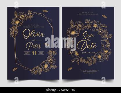 Hochzeit Einladungskarte Vorlage mit goldenen Blume floral background. Vector Illustration. Stockfoto