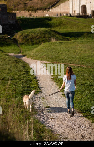 Rückansicht der jungen Frau, die mit Ihrem Hund Gassi Stockfoto