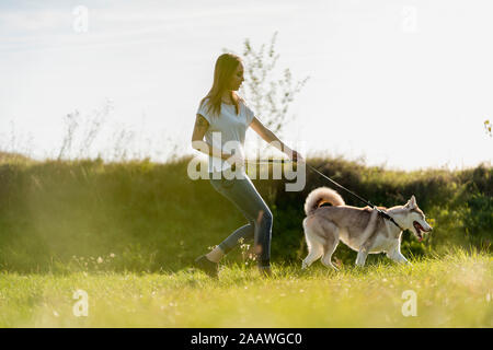 Junge Frau mit Ihrem Hund Gassi gehen, in der Natur Stockfoto