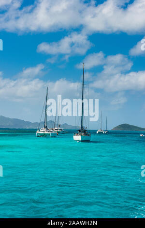 Segelboote in Tobago Cays, St. Vincent und die Grenadinen, Karibik verankert Stockfoto