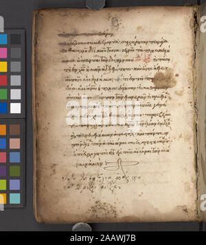 Ende der Codex in De Ricci, Seymour, Volkszählung Handschriften des Mittelalters und der Renaissance in den Vereinigten Staaten und Kanada aufgeführt. New York. New York: H.W. Wilson, 1935; und Ergänzen, New York, N.Y.: Bibliographische Gesellschaft von Amerika, 1962. Alte Bindung, wahrscheinlich original; dunkelbraun Leder über Zwischenablage, Blinde mit einer Kreuzigung gestempelt. Ownership: Die von Schreiber in die Kirche in der großen lawra St. Athanasios am Mt. Athos; Charles F. Gunther von Chicago; Verkauf von American Art Association 1925; Bibliothek von Wilberforce Eames von Brooklyn, NY; vermachte von Eames, NYPL 1940.; Ende der Codex. Stockfoto