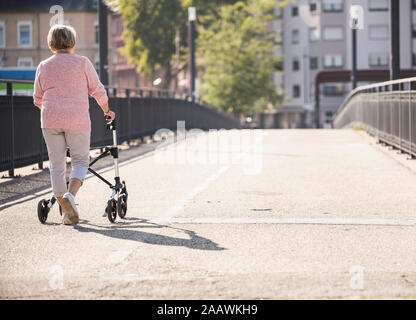 Ältere Frau mit rollator auf Steg Stockfoto