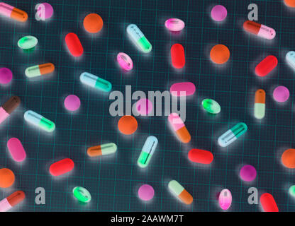 Direkt oberhalb der Schuß von verschiedenen Medikamenten auf Millimeterpapier Stockfoto