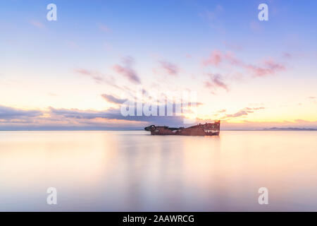 Janie Seddon schiffbruch an der Golden Bay gegen Himmel bei Sonnenuntergang, Motueka, Südinsel, Neuseeland Stockfoto