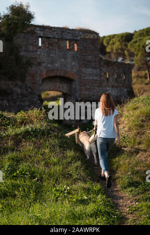 Rückansicht der jungen Frau, die mit Ihrem Hund Gassi bei Sonnenuntergang Stockfoto