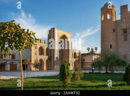 Park mit grünem Gras und Bäume gegen Ulugh Beg Madrasa in Buchara, Usbekistan Stockfoto