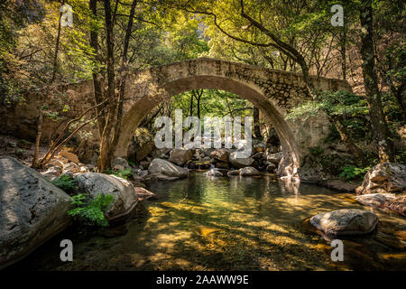 Zaglia Brücke, Ruisseau de Aitone, Gorges de Spelunca, Ota, Korsika, Frankreich Stockfoto