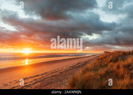 Neuseeland, Nordinsel, Waikato, Waihi Beach, einen malerischen Blick auf den Strand bei Sonnenuntergang Stockfoto