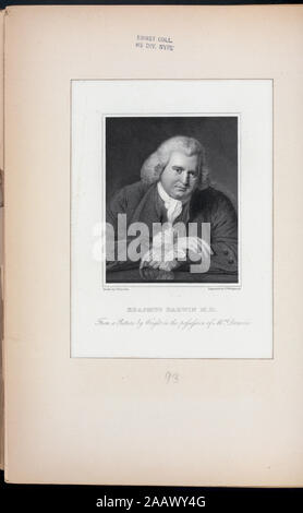 Erasmus Darwin, MD, Illustriert von Thomas Addis Emmet, 1880. Band 2 besteht aus Seiten 1-99 von 1865, quarto, Ausgabe der Arbeit, Band 3, Seiten 99-213, Band 5, Seiten 303-400. Zitat/Referenz: EM 12501 Gezeichnet von J. Thurston, gestochen von J.T. Wedgwood; nach einem Gemälde von Wright.; Erasmus Darwin, M.D. Stockfoto