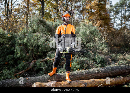 In voller Länge Porträt eines professionellen Holzfäller in schützende Arbeitskleidung stehen mit einer Kettensäge auf die Protokolle in den Wald Stockfoto