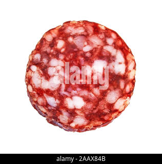 Ein Stück geräucherte Wurst close-up auf Weiß isoliert Stockfoto