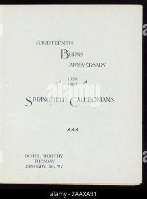 14. BURNS JUBILÄUM (Durch) SPRINGFIELD CALEDONIANS (at) HOTEL (HOTEL WÜRDIG gehalten ;) PORTRAIT VON ROBERT BURNS AUF DER ABDECKUNG; PROGRAMM VON VERBRENNUNGEN VERBRENNUNGEN ARBEITET; 14. JAHRESTAG [von] SPRINGFIELD CALEDONIANS [at] HOTEL WÜRDIG (HOTEL gehalten ;) Stockfoto