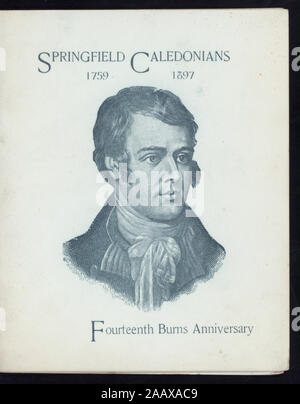 14. BURNS JUBILÄUM (Durch) SPRINGFIELD CALEDONIANS (at) HOTEL (HOTEL WÜRDIG gehalten ;) PORTRAIT VON ROBERT BURNS AUF DER ABDECKUNG; PROGRAMM VON VERBRENNUNGEN VERBRENNUNGEN ARBEITET; 14. JAHRESTAG [von] SPRINGFIELD CALEDONIANS [at] HOTEL WÜRDIG (HOTEL gehalten ;) Stockfoto