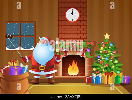 Santa Claus selfie in Kamin Zimmer in der Weihnachtsnacht, Vector Illustration Stock Vektor