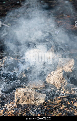 Glühende Holzasche bleibt aus Holz brennen Lagerfeuer in einem Stein Feuer Kreis verwendet. Metapher überleben Fähigkeiten, Camping, Outdoor, Lagerfeuer, bushcraft. Stockfoto