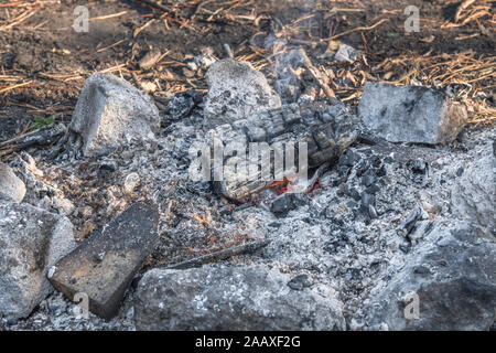 Glühende Holzasche bleibt aus Holz brennen Lagerfeuer in einem Stein Feuer Kreis verwendet. Metapher überleben Fähigkeiten, Camping, Outdoor, Lagerfeuer, bushcraft. Stockfoto