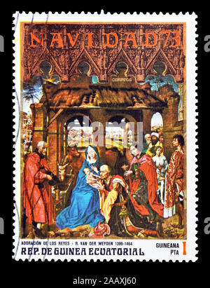 Annullierte Briefmarke, gedruckt von Äquatorial-Guinea, das Gemälde von Van der Weyden, ca. 1973, zeigt. Stockfoto