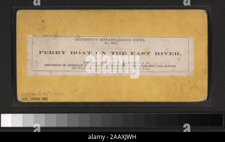 Fähre auf dem East River umfasst einerseits - farbige Anzeigen. Robert Dennis Sammlung von stereoskopische Ansichten. Einige Ansichten haben steuerstempel angebracht. Titel von Cataloger'. Blick auf den Hafen von New York: Fähren, Segelschiffe, Piers und Kaianlagen, Dampfschiffe, einschließlich der Vorsehung und mit Blick auf den Innenbereich, schwebenden Getreidesilos, Lastkähne, Werften, Männer aus dem französischen Mann-von-Krieg Landung in einem dory an der Batterie, die US Barge Office und den Versand news Büro des New York Herald, der Fuß der Whitehall Street, Soldaten auf einen italienischen Mann-von-Krieg mit Bajonetten, Fort Lafayette, Gouverneure Insel Stockfoto