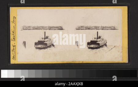 Fähre auf dem East River umfasst einerseits - farbige Anzeigen. Robert Dennis Sammlung von stereoskopische Ansichten. Einige Ansichten haben steuerstempel angebracht. Titel von Cataloger'. Blick auf den Hafen von New York: Fähren, Segelschiffe, Piers und Kaianlagen, Dampfschiffe, einschließlich der Vorsehung und mit Blick auf den Innenbereich, schwebenden Getreidesilos, Lastkähne, Werften, Männer aus dem französischen Mann-von-Krieg Landung in einem dory an der Batterie, die US Barge Office und den Versand news Büro des New York Herald, der Fuß der Whitehall Street, Soldaten auf einen italienischen Mann-von-Krieg mit Bajonetten, Fort Lafayette, Gouverneure Insel Stockfoto