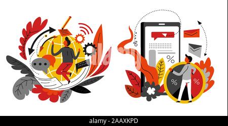 Digitales Marketing und Netzwerk Konzept isolierte abstrakte Symbole Stock Vektor