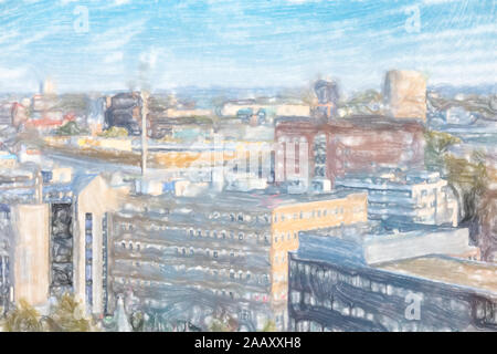 Aquarell Abbildung: Blick von oben auf die Innenstadt von Dortmund mit der Telekom Hochhaus im Zentrum. Stockfoto