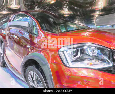 Watercolor Illustration: Ausstellungsfläche für ein rotes Auto Stockfoto