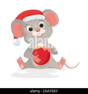 Süße Weihnachten Ratte oder Maus hält neues Jahr Kugel im Comic-stil. Maus in Santa hat als Symbol Happy Chinese New Year 2020 Ratte Sternzeichen. Stock Vektor