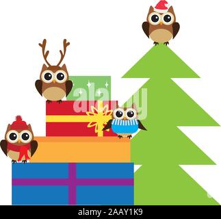 Vector Illustration von Weihnachten Boxen und süße Tiere. Stock Vektor