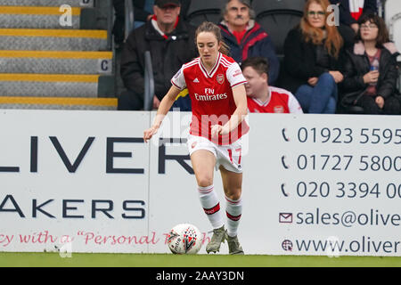 Borehamwood, Großbritannien. 24 Nov, 2019. Lisa Evans von Arsenal auf die Kugel während der Super League Spiel der Frauen zwischen Arsenal und Liverpool an der Wiese Park in Leicester, England am 24. November 2019 Credit: SPP Sport Presse Foto. /Alamy leben Nachrichten Stockfoto