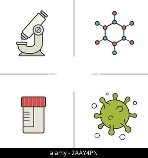 Science Laboratory Equipment Color Symbole gesetzt. Mikroskop, Molekülstruktur und Virus, medizinische Tests jar. Vektor isoliert Abbildungen Stock Vektor