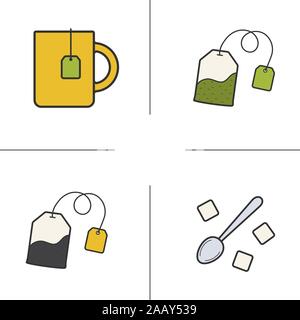 Tee Farbe Symbole gesetzt. Teetasse, schwarzer und grüner Tee Beutel mit Etiketten, Löffel mit raffinade Zucker Würfel. Vektor isoliert Abbildungen Stock Vektor