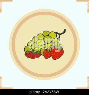 Beeren Farbe Symbol. Lebensmittelgeschäft. Bündel grüne Trauben, Erdbeeren und Himbeeren auf Holzplatte. Vektor isoliert Abbildung Stock Vektor