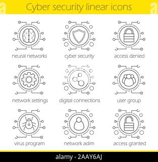 Cyber Security lineare Symbole gesetzt. Die digitale Technologie und Cloud Computing Konzepte. Neuronale Netze, Zugang, Einstellungen, digitale Verbindungen, Admin, Benutzer, Stock Vektor