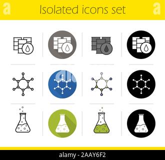Erdölindustrie Symbole gesetzt. Flache Bauweise, linear, Schwarz und Farbe. Barrel Öl, molekulare Struktur, chemischen Reaktion. Kolben mit Gift und Stock Vektor