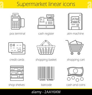 Einkauf im Supermarkt lineare Symbole gesetzt. Pos-Terminal, Kasse, Bank, Geldautomat, Kreditkarte, Warenkorb und Karre, Regale, Barcode, Ca Stock Vektor