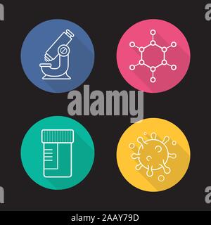 Science Laboratory Equipment Flachbild lineare lange Schatten Symbole gesetzt. Mikroskop, Molekülstruktur und Virus, medizinische Tests jar. Vektor linie Symbole Stock Vektor