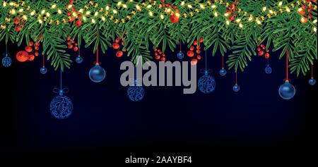 Grenze mit Weihnachten grüne Zweige, Holly rote Beeren auf dunkelblauem Hintergrund. Weihnachten blauen Kugeln hängen an Ästen. Frohes Neues Jahr und Stock Vektor
