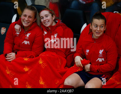 Borehamwood, Großbritannien. 24 Nov, 2019. Portsmouth, England - 24. NOVEMBER: L-R Fran Kitching, Missy Bo Kearns und Mel (Melissa) Lawley von Liverpool Frauen während Super Barclays Frauen League Spiel zwischen Arsenal und Liverpool Frauen Frauen an der Wiese Park Stadion am 24. November 2019 in Peterborough, England Credit: Aktion Foto Sport/Alamy leben Nachrichten Stockfoto