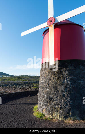 Nahaufnahme eines restaurierten traditionellen roten Windmühle in der schwarzen Lava Stein Weinberge der Insel Pico auf einem hellen Blau klar morgen gebaut. Stockfoto