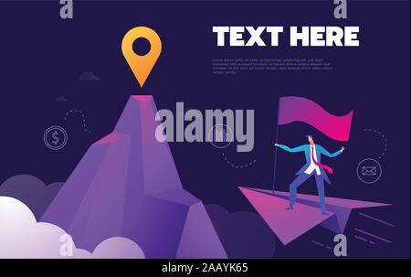 Geschäftskonzept, Geschäftsmann fliegt an die Spitze des Berges, während sie Teleskop. Vector Illustration Stock Vektor