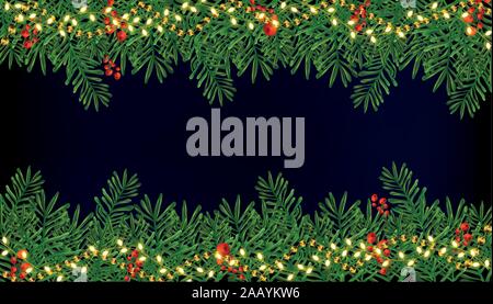 Grenze mit Weihnachten grüne Zweige, Holly rote Beeren auf dunkelblauem Hintergrund. Weihnachten funkelnden Lichtern Girlande. Frohes Neues Jahr und Frohe Stock Vektor