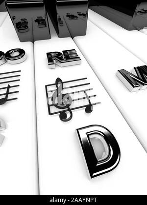 3D-Render, Piano keys mit violinschlüssel Notizen. Musikalischer Hintergrund Stockfoto