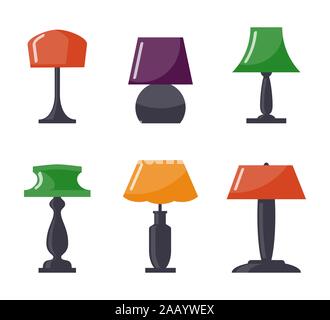 Bunte Tischlampe. Moderne Tischleuchte icon Sammlung, flacher Stil. Vector Illustration Stock Vektor