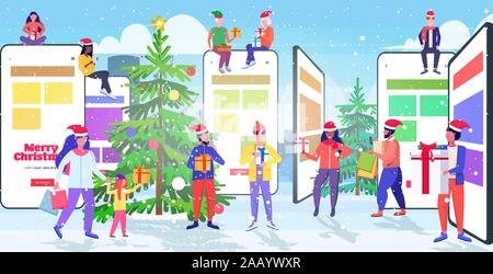 Menschen in santa Hüte mit mobilen Anwendung mix Rennen Männer Frauen holding Geschenkboxen online shopping Konzept Weihnachten Neujahr Feier der Bildschirm des Smartphones horizontale voller Länge Vektor illustration Stock Vektor