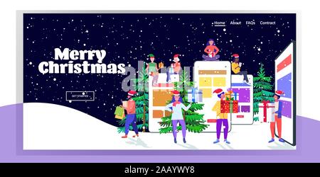Menschen in santa Hüte mit mobilen Anwendung mix Rennen Männer Frauen holding Geschenkboxen online shopping Konzept weihnachten urlaub Feier neue Grußkarte horizontale voller Länge Vektor illustration Stock Vektor
