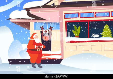 Santa Claus mit Fernbedienung die Drone mit Geschenkbox, in der Nähe von Verschneiten Haus frohe Weihnachten Frohes neues Jahr Winterurlaub feier Konzept horizontale Vektor illustration Stock Vektor