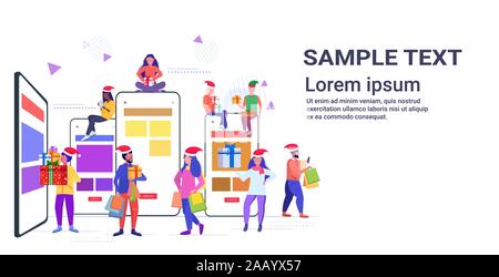 Menschen in santa Hüte mit mobilen Anwendung mix Rennen Männer Frauen holding Geschenkboxen online shopping Konzept Weihnachten Neujahr Feier der Bildschirm des Smartphones horizontale voller Länge Vektor illustration Stock Vektor