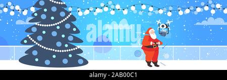 Santa Claus mit Fernbedienung die Drone mit Geschenkbox frohe Weihnachten Frohes neues Jahr Winterurlaub feier Konzept horizontale Vektor illustration Stock Vektor
