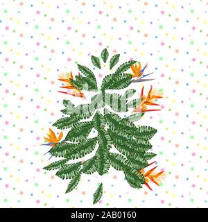 Tropische Weihnachten. Weihnachtsbaum aus tropischen Palmen Blätter und monstera Stock Vektor